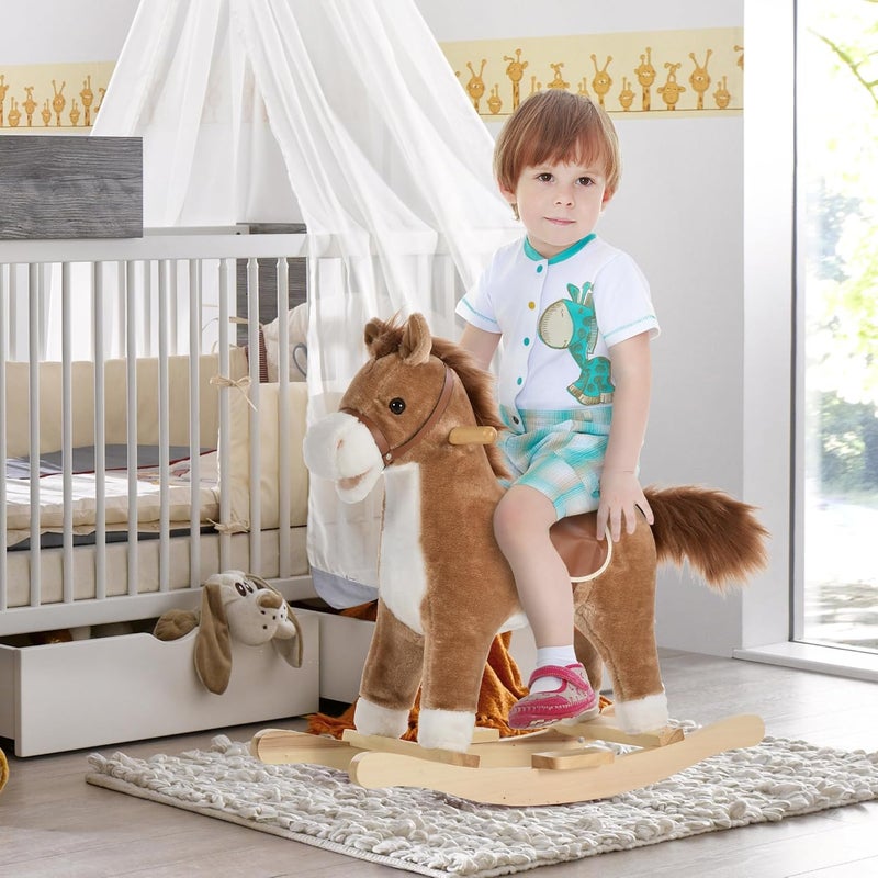 Qaba Rocking Horse Plush Animal on Wooden Rockers, Baby Rocking Chair with Sounds, Moving Mouth, Wagging Tail, Brown - Image 2